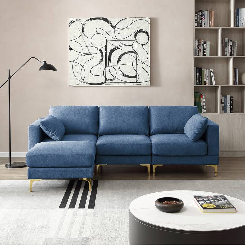 92'' Modern Turquoise L-Shaped 3 Seat Sofa with Ottoman, 2 Pillows, Gold Metal Legs, and Polyester Upholstery