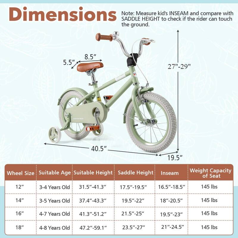 Costway 14" Kids Bike with Adjustable Saddle Handlebar Removable