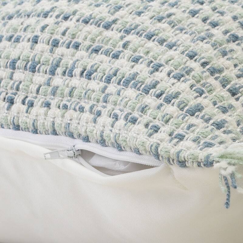 24" Blue and White Interwoven Fringed Outdoor Square Throw Pillow