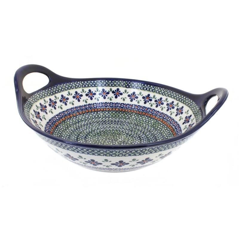 Blue Rose Polish Pottery 1347 Zaklady Deep Bowl with Handles - Mosaic Flower