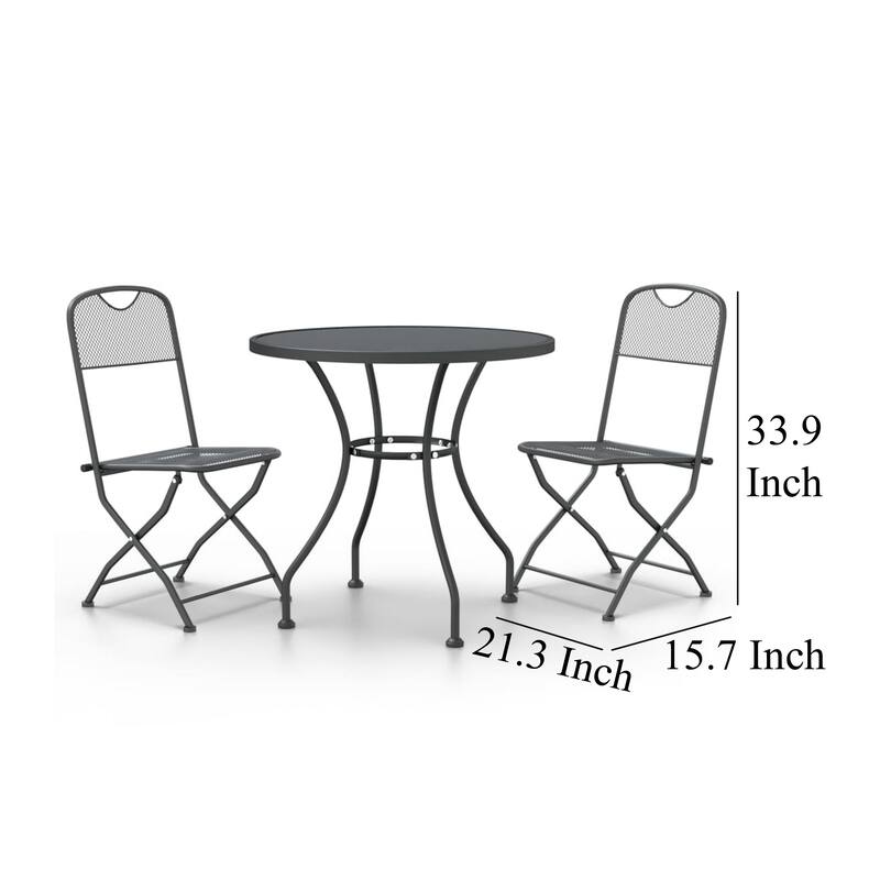 3pc Outdoor Patio Dining Table Set, 2 Chairs, Round Top, Black Metal