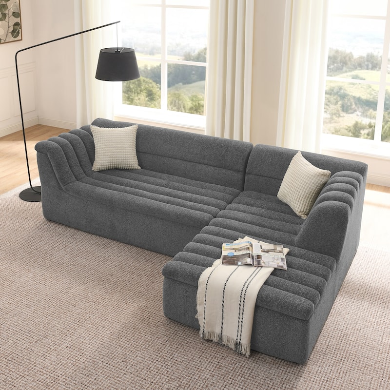 Roomfitters L-Shaped Modular Sectional Sofa with Chaise, Chenille Upholstery and Wave-Shaped Armrest - Dark Grey