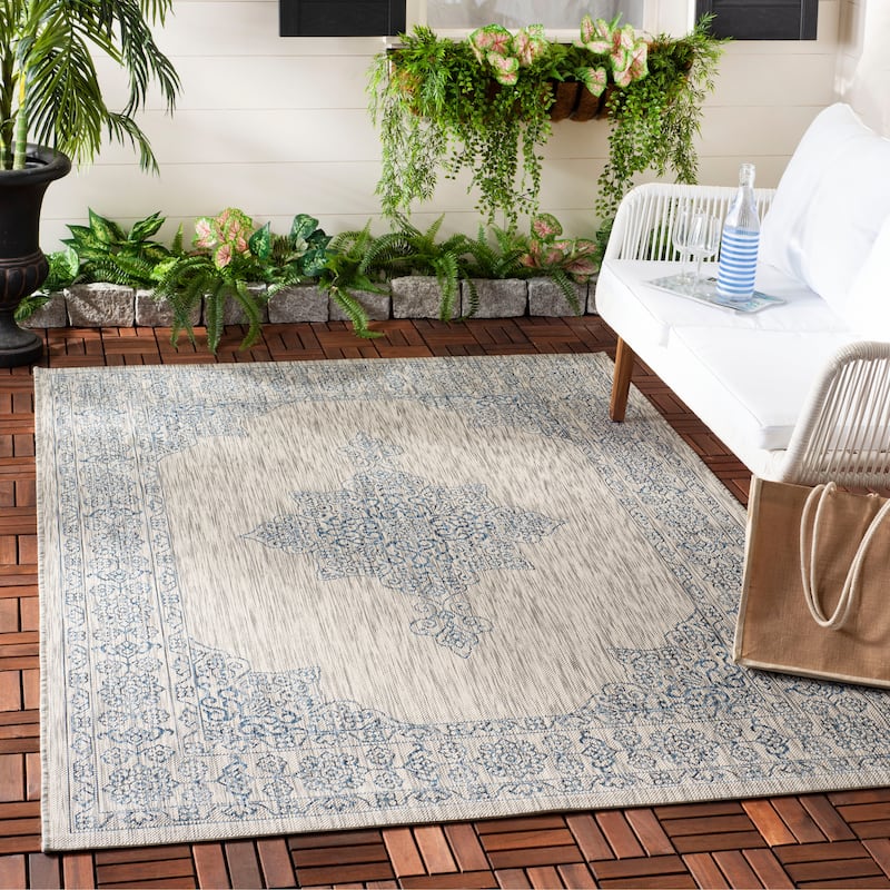 SAFAVIEH Courtyard Maralyn Indoor/ Outdoor Waterproof Patio Backyard Rug - 2'7" x 5' - Grey/Navy