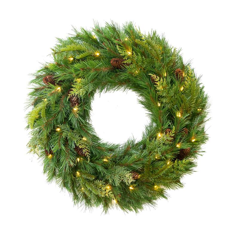 30" Mixed Mountain Cypress B/O Wreath w/Warm White & Multi LED Lights - Choose LED Raspberry Covers or LED T5 Mini Lights