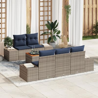 vidaXL 6 Garden Sofa Set with Cushions Black/Grey Poly Rattan - 94.1 x 24.4 x 27.2