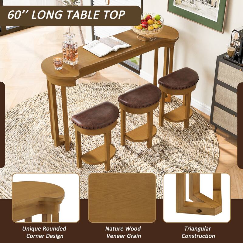 4 Piece Bar Table Set with 3 Bar Stools, Breakfast Table with 3 Padded Stools Solid Wood Counter Height Dining Table Set