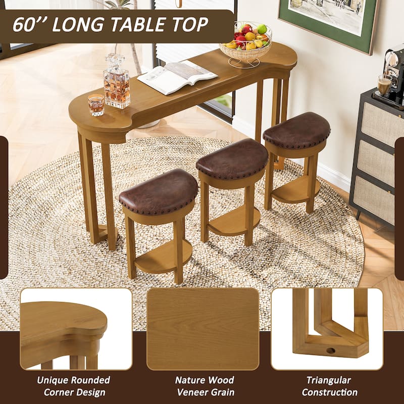 4 Piece Bar Table Set with 3 PU Upholstered Bar Stools, Breakfast Table with 3 Padded Stools Solid Wood Counter Height