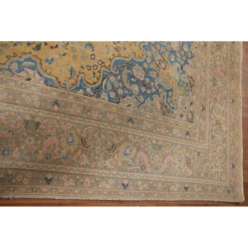 Hand Knotted Oriental 100% Wool Carpet Traditional Floral Yellow & Gold Mashad Area Rug - 12' 6'' X 9' 7''