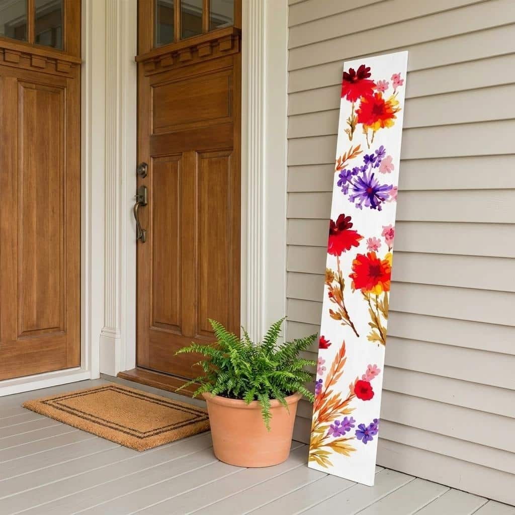 HomeRoots 59" White Red And Purple Solid Wood Floral Bouquet Porch Sign