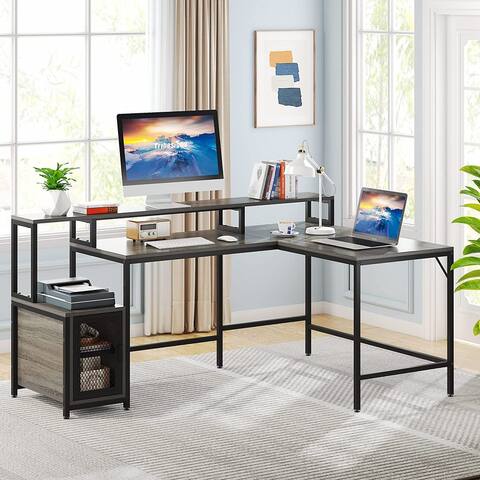 Computer Desk L Shaped Desk with Storage, 70.5 Inch Corner Desk with Shelves & Monitor Stand, Home Office Desk (Retro Grey)