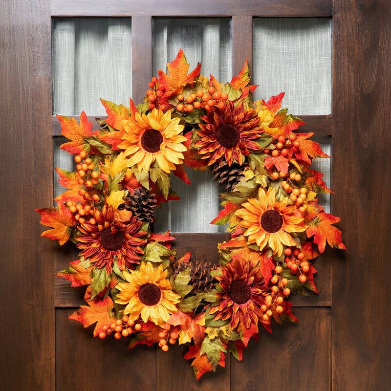 Sunflower Pine Cone Artificial Thanksgiving Wreath - 24-Inch, Unlit