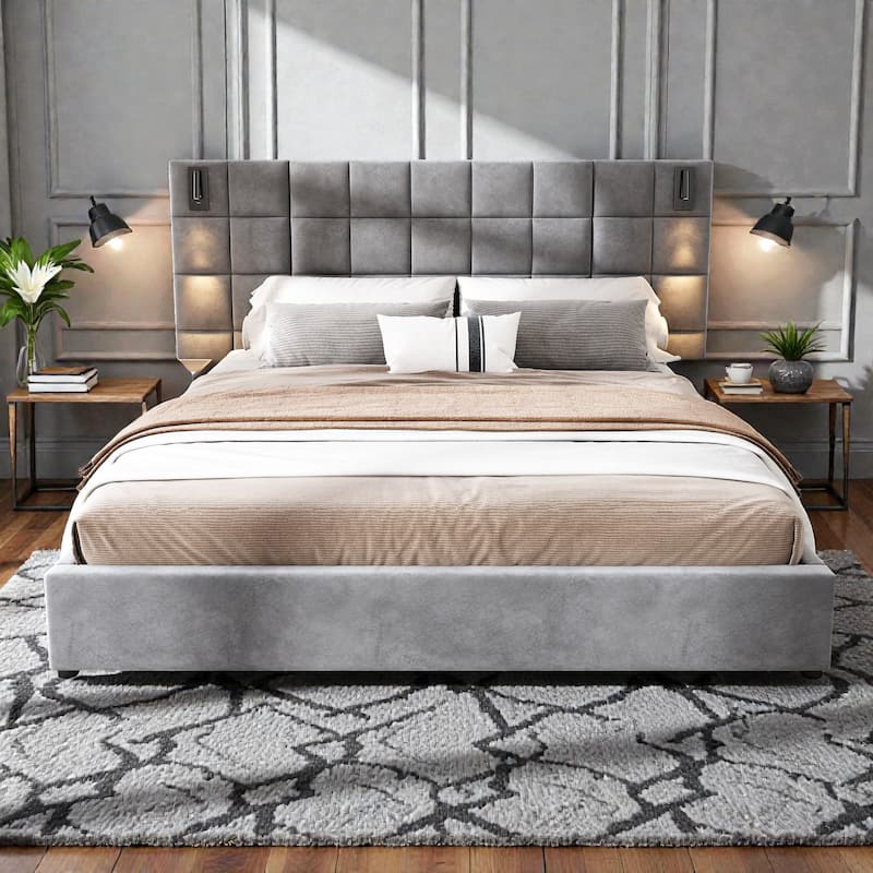 Velvet Upholstered Bed Frame with Wide Headboard, Wall Sconce with USB Port, No Box Spring Needed