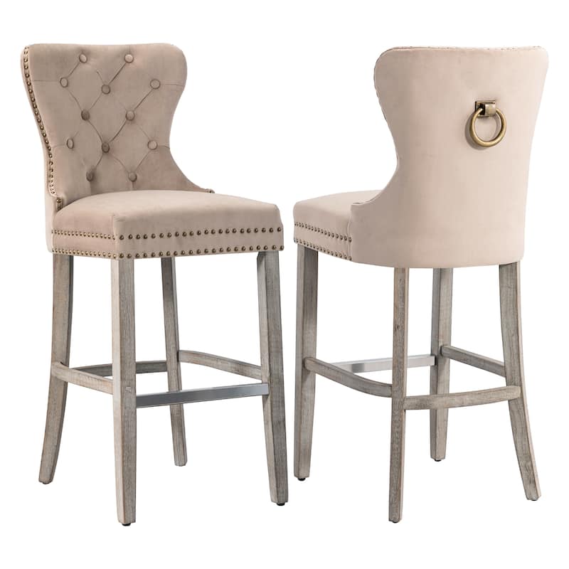 Carter 29" Wingback Tufted Nailhead Bar Stool (Set of 2), Antique Grey Legs