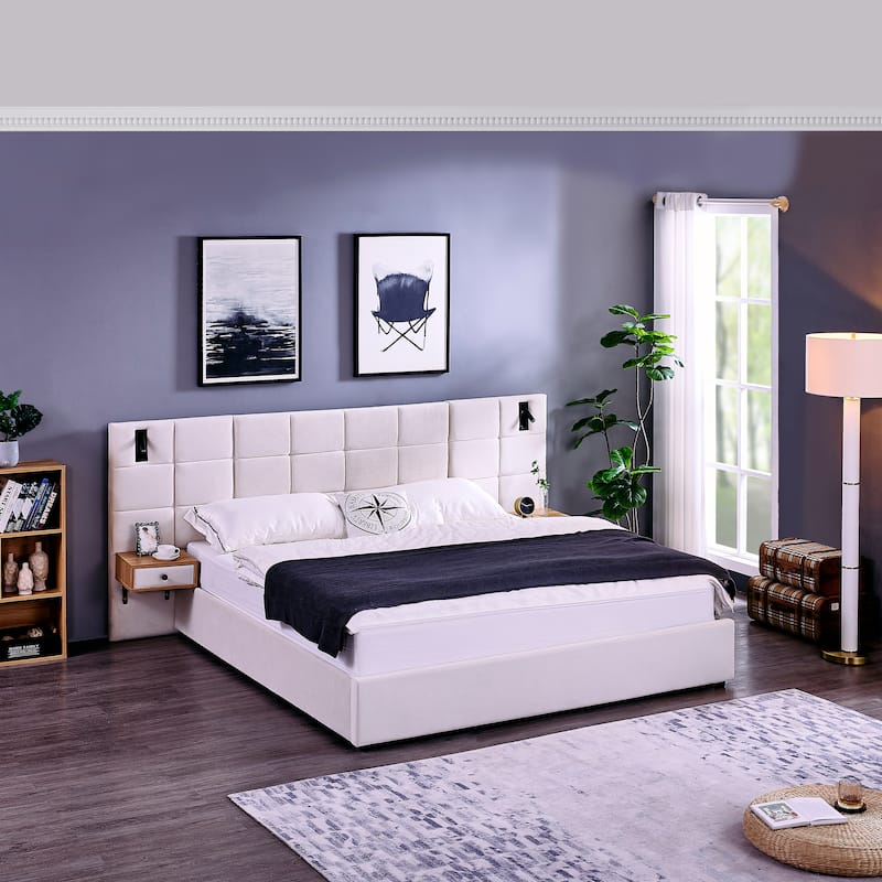 King Size Storage Velvet Upholstered Hydraulic Platform Bed with 2 Shelves, 2 Reading Lamps and USB Port - Beige