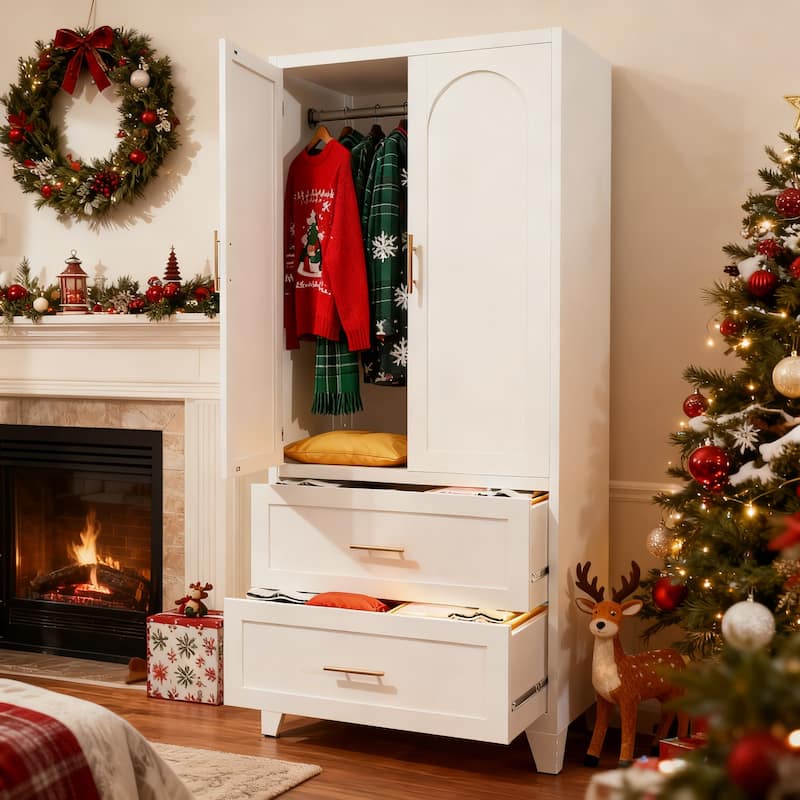 71" Tall Metal Wardrobe Cabinet with 2 Drawers and Hanging Rod, 2 Doors Wardrobe Closet with Shelf for Bedroom, Office - White