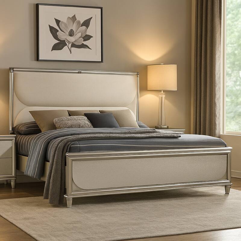 Zema Queen Bed, Upholstered Headboard w LED, Silver Wood, Acrylic Legs