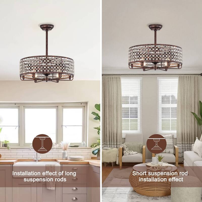 Cusp Barn 26 Inch Farmhouse Cage Crystal Ceiling Fan with Light, Antique Copper Reversible 6-Speed Ceiling Fan Light with Remote