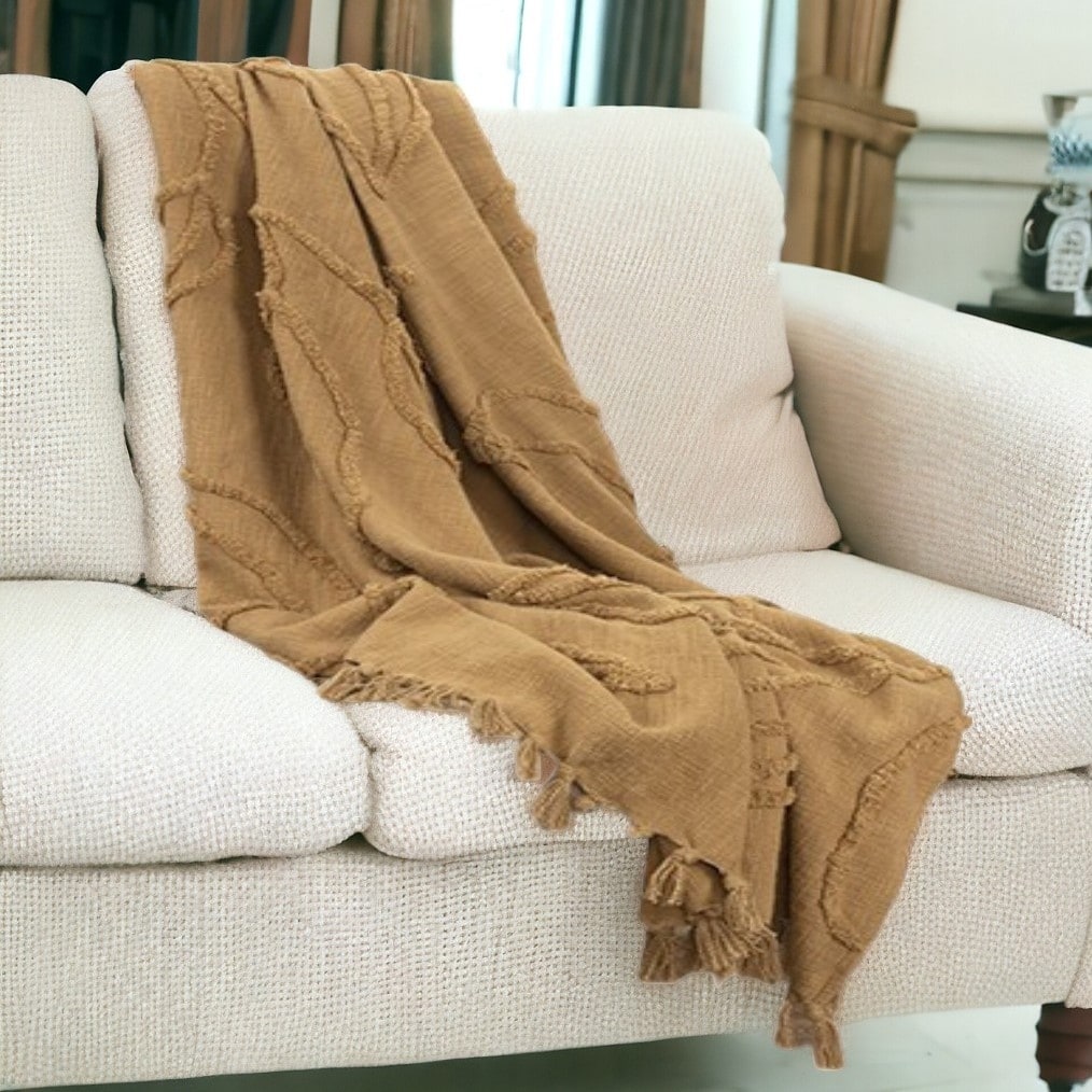 HomeRoots 50" X 60" Camel Cotton Floral Throw Blanket with Tassels And Fringe