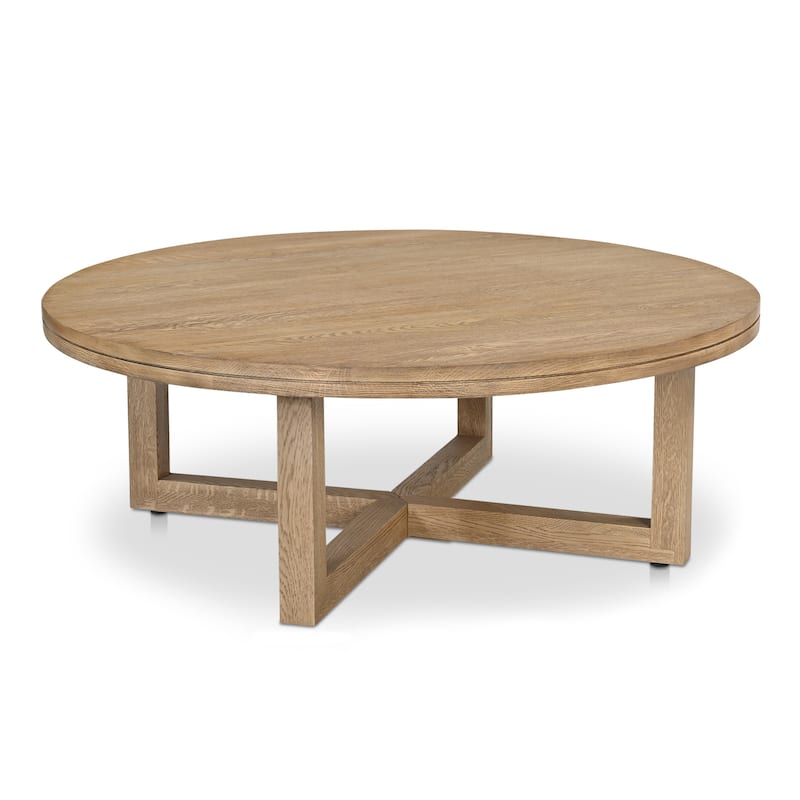 NADAAL STUDIOS Arlisse Coffee Table, Round Top, Solid Oak, Dual‑Layer Top with V‑Groove Iron Crisscross Base, Dark Brown