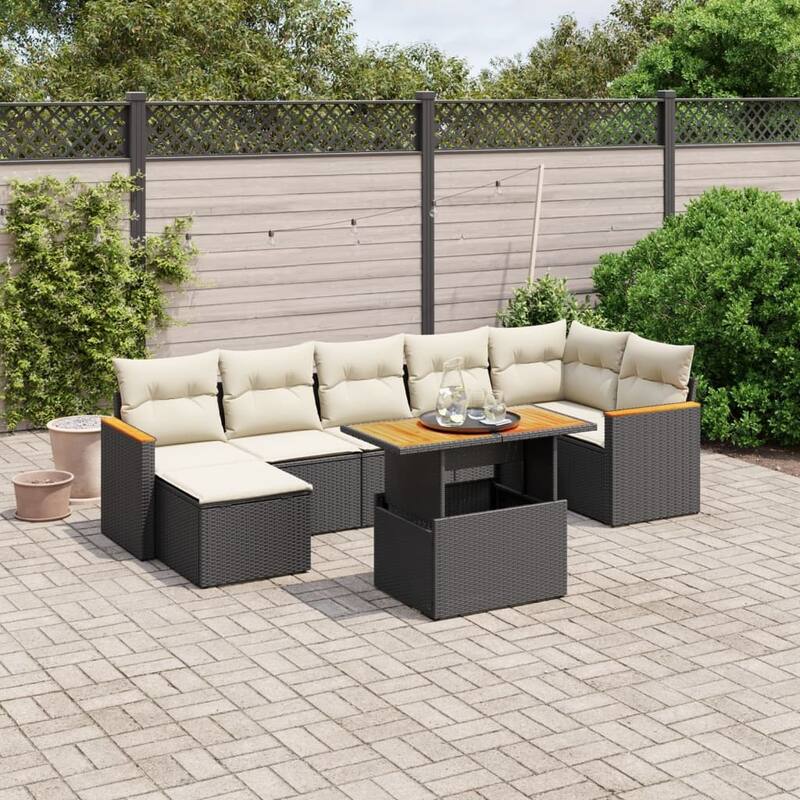 vidaXL Patio Sofa Set with Cushions Table and Stool 8 Piece Poly Rattan Acacia - 21.7 x 39.4 x 28.7 in - Black and cream - form1