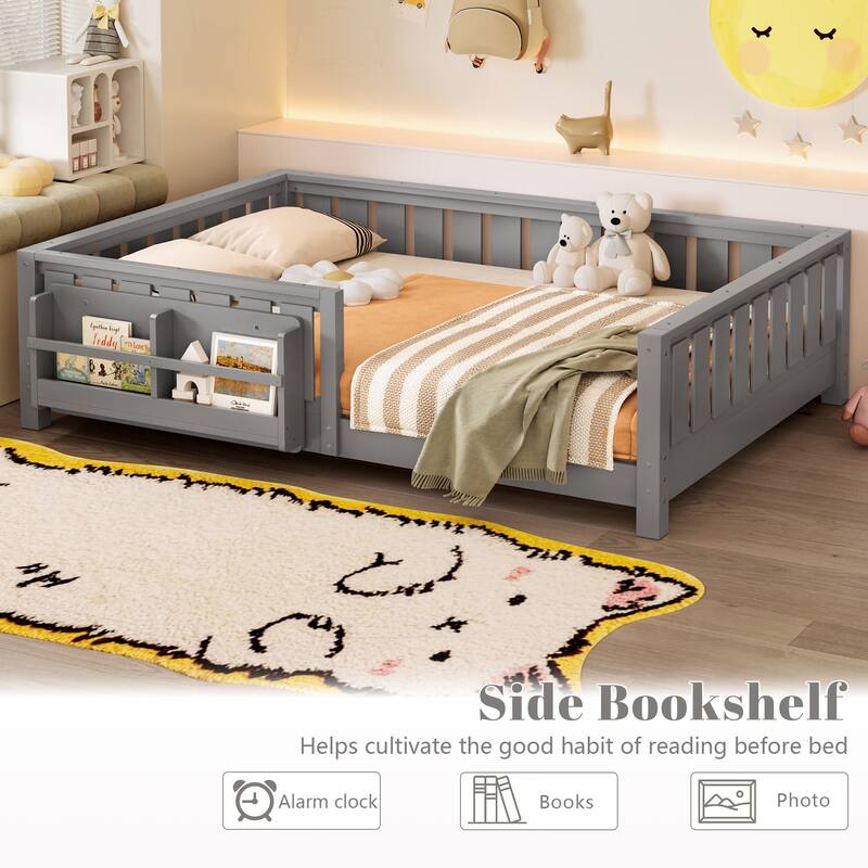 Montessori Floor Bed Low Profile Kids Bed with Rails & Bookshelf