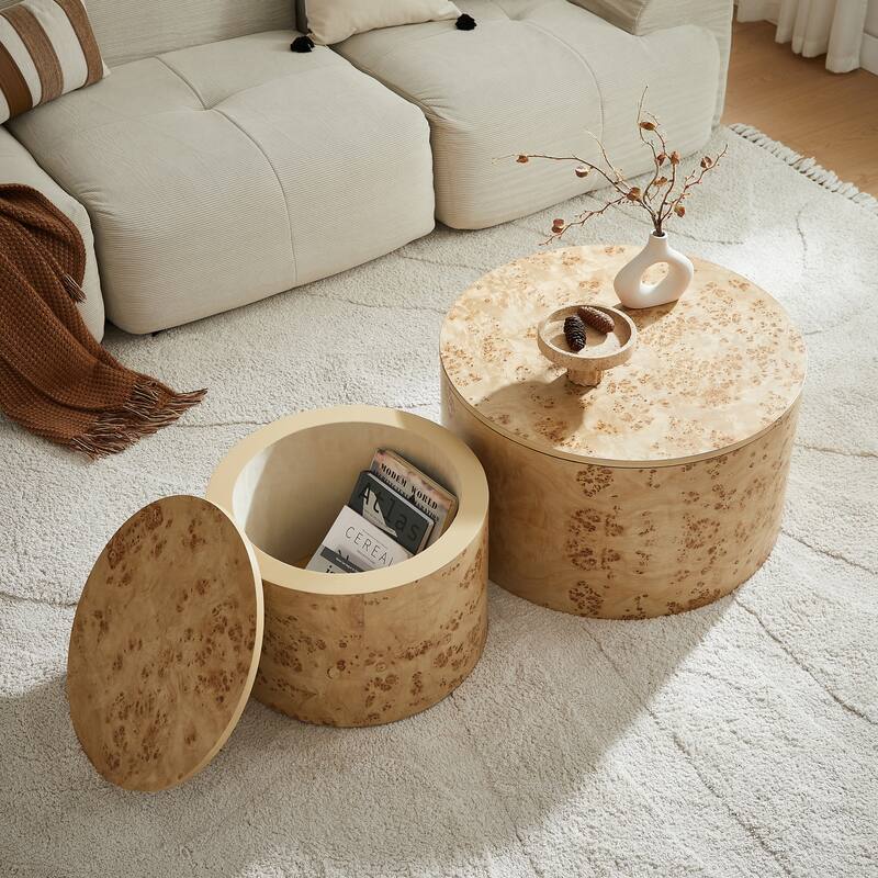 Nested Round Coffee Table Set with Burl Wood, 2-Piece Living Room Sofa Table Accent Table with Hidden Storage