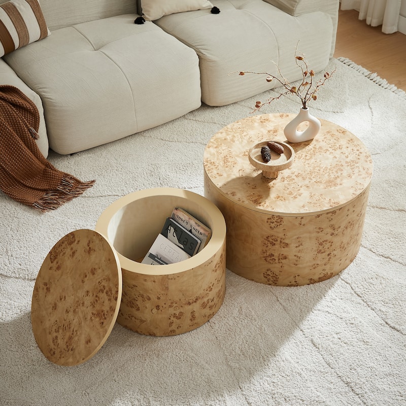 Nesting Coffee Table with Storage for Living Room, Modern Round Wooden Table Set of 2, Accent Side Tables for Small Spaces