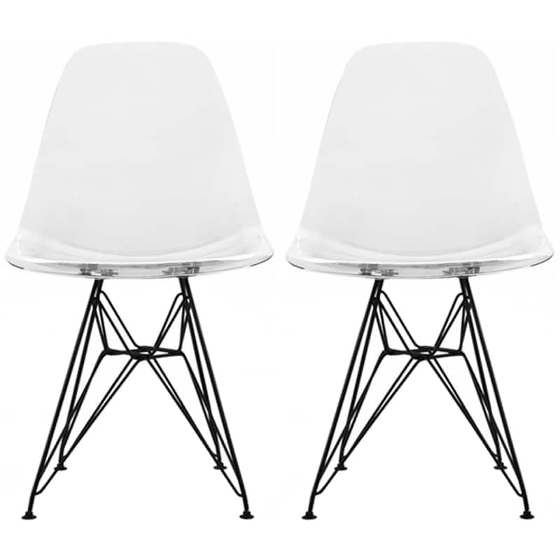 Set of 2 Mid-Century Modern Dining Side Chairs Armless Plastic Shell Seat with Black Metal Wire Eiffel Base, White