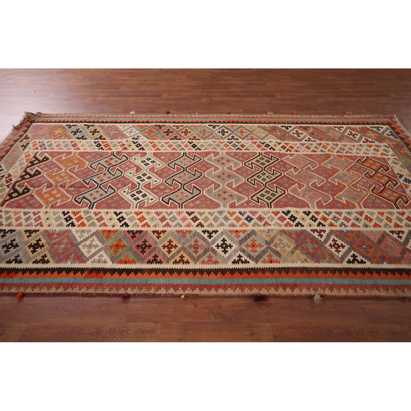 Geometric Kilim Qashqai Persian Area Rug Hand-Woven Tribal Wool Carpet - 5'5"x 9'8"