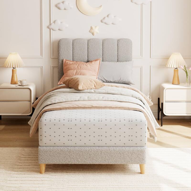Twin Bed Frame, Boucle Upholstered Platform Bed with Wave Headboard for Girls/Kids, Easy Assembly,Wooden Slats Support