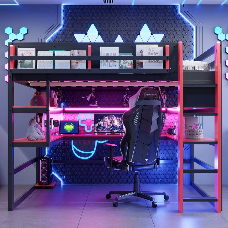 Loft Bed with Wraparound Study Hub, Side Storage Rack, USB Charging & RGB Light by Harper&Bright Designs