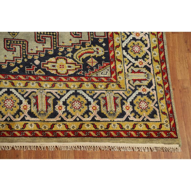 Green Geometric Viss Indian Area Rug Hand-Knotted Wool Carpet - 8'7" x 11'9"