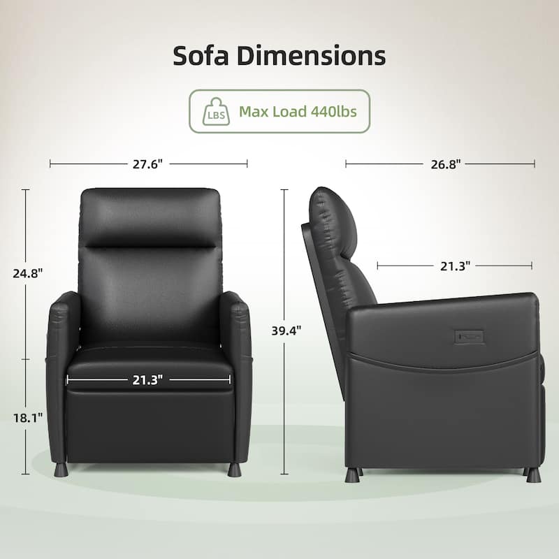 Power Recliner Chair for Adults - Black Leather Electric Recliner / Footrest & Backrest, Padded Seat, Compact