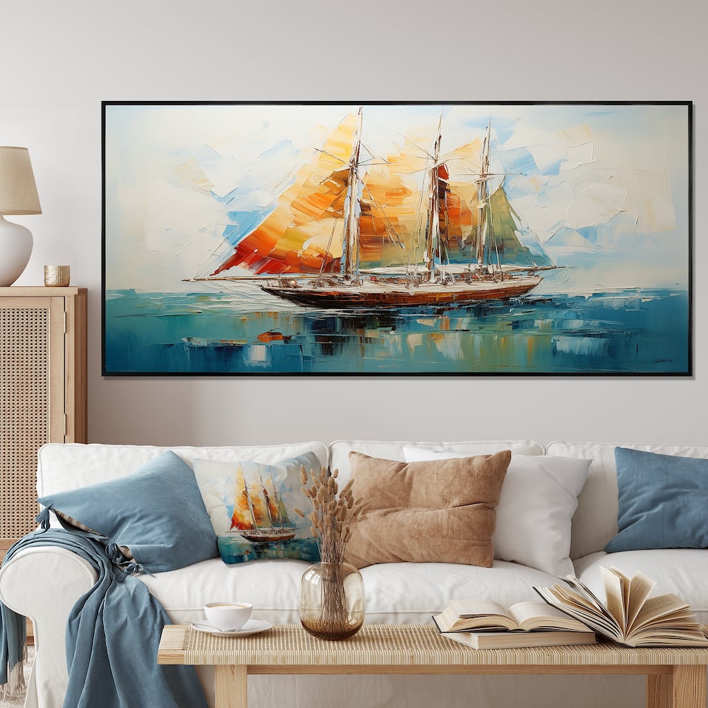 Designart "Moonlight Saiboat Horizon I" Boat Sailing Orange Wall Decor - Modern Entryway Framed Wall Art