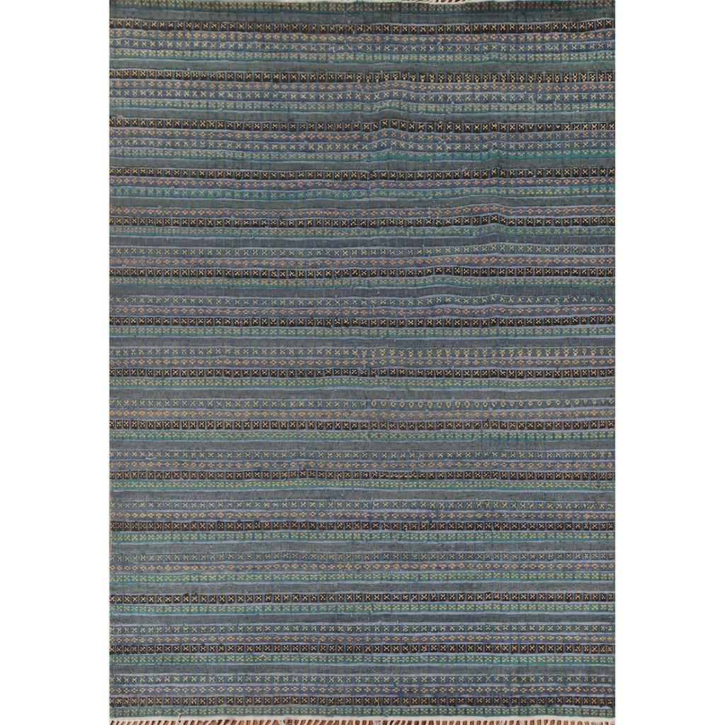 Striped Moroccan Oriental Area Rug Hand-Knotted Wool Carpet - 9'0" x 12'2"