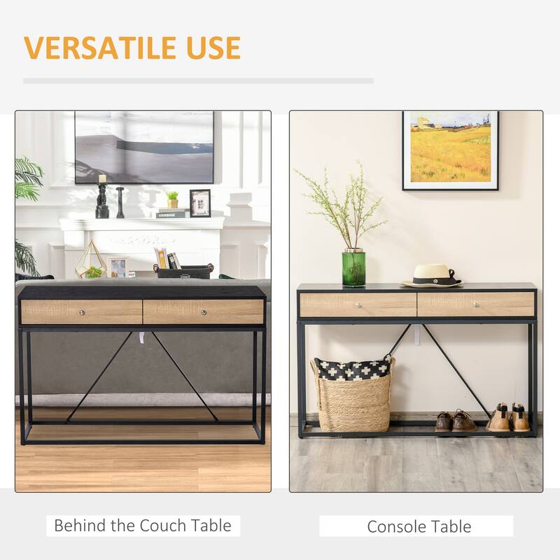 HOMCOM Console Sofa Table with 2 Drawers Narrow V Shape designed Entryway Table with Metal Frame for Hallway Living Room