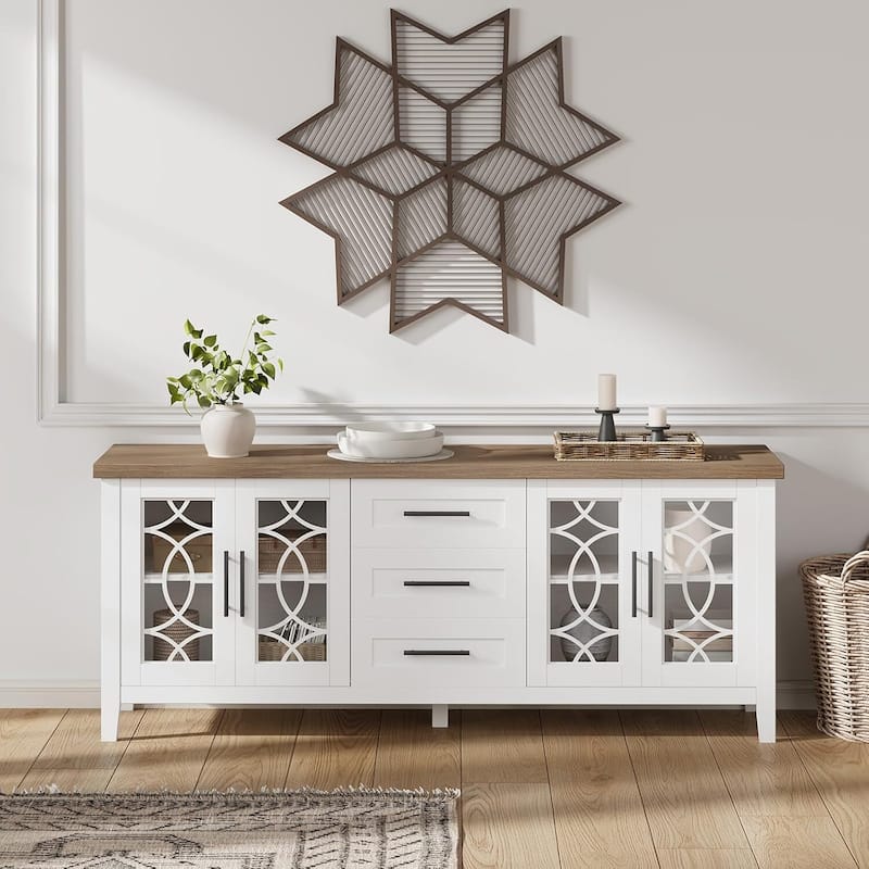 Mid Century TV Stand for 70 Inch, Entertainment Center with Glass Door - White