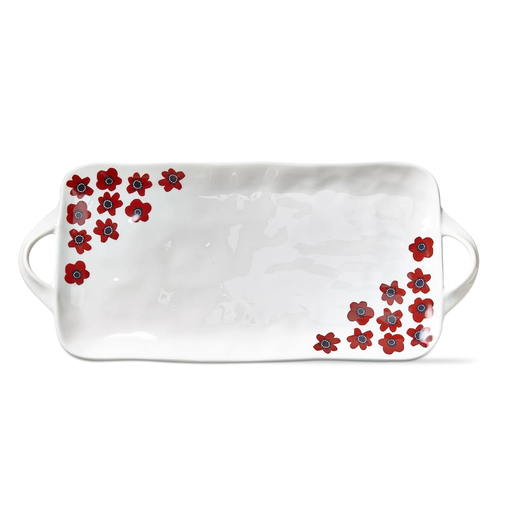 Happy Flower Red Floral on White Earthenware Rectangle Platter with Handles Dishwasher Safe, 17L x 9W inches
