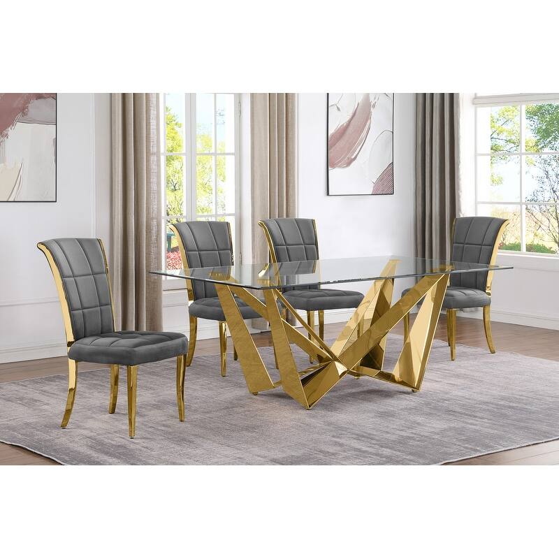 Best Quality Furniture D400/1-SC320-7 Dining Set with 78" 12mm Glass with Bevel - 5-Piece - Dark Grey / Gold