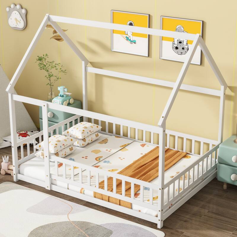 Full Size Wooden House Floor Bed with Roof Frame and Safety Guardrails, White