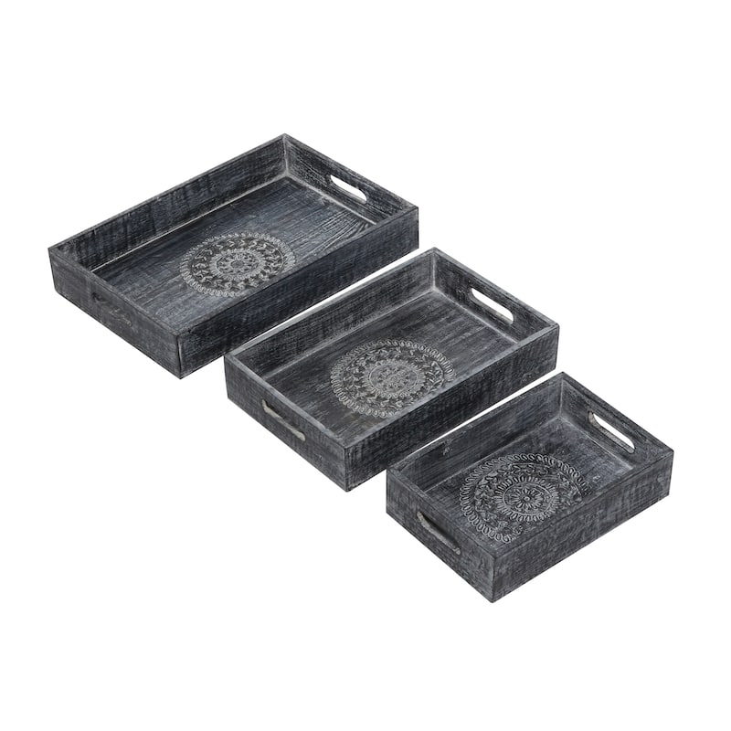 Black Wood Intricate Carved Floral Living Room Decor Tray (Set of 3) - 18 x 12 x 3