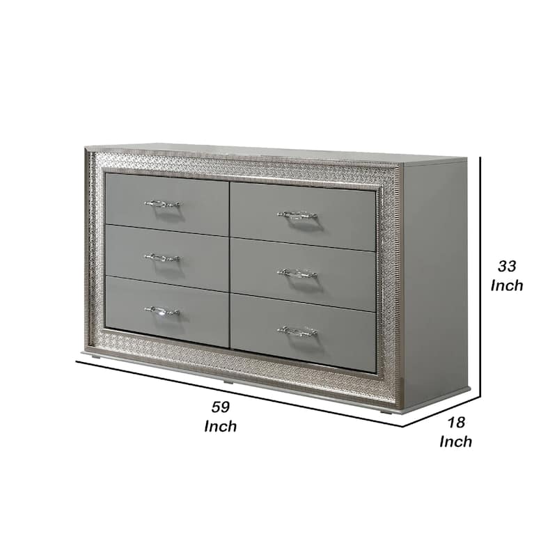 Cyl 6 Drawer Wide Dresser, Metallic Gray Solid Wood with Chrome Trim