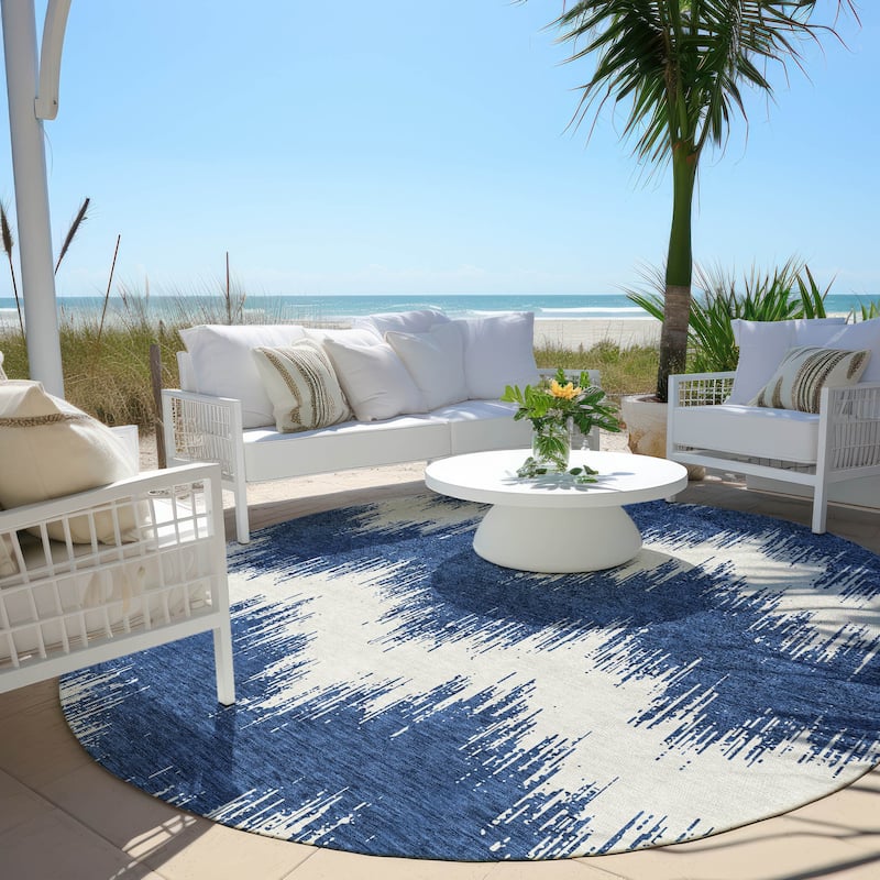 Machine Washable Indoor/ Outdoor Chantille Modern Chevron Rug - Navy - 8' x 8'