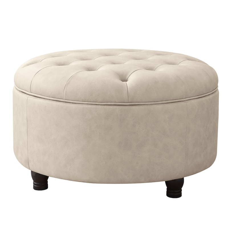 Tufted Round Storage Ottoman, Faux Leather