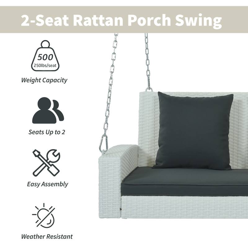 Wicker Porch Swing for 2 with Includes Cushion and Pillows, 500lb Capacity Rust-Proof Chains