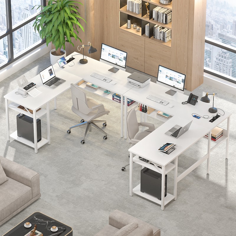 Reversible L Shaped Desk with Storage Shelves, Home Office Corner Desk with Charge Station