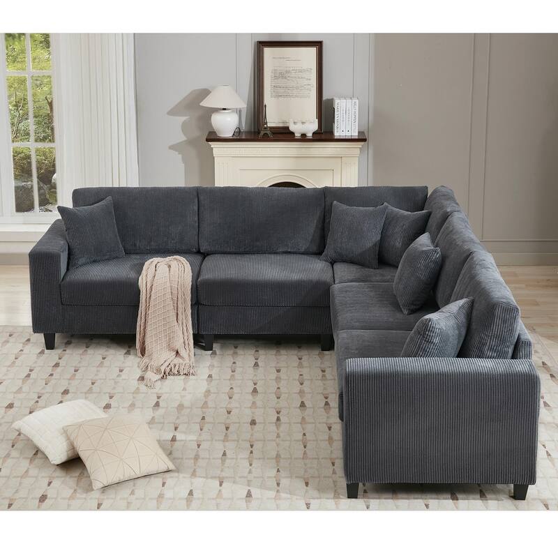 Oversized Modular Sectional Sofa Set, L Shaped, Corduroy Upholstered, 5 Seat, Gray