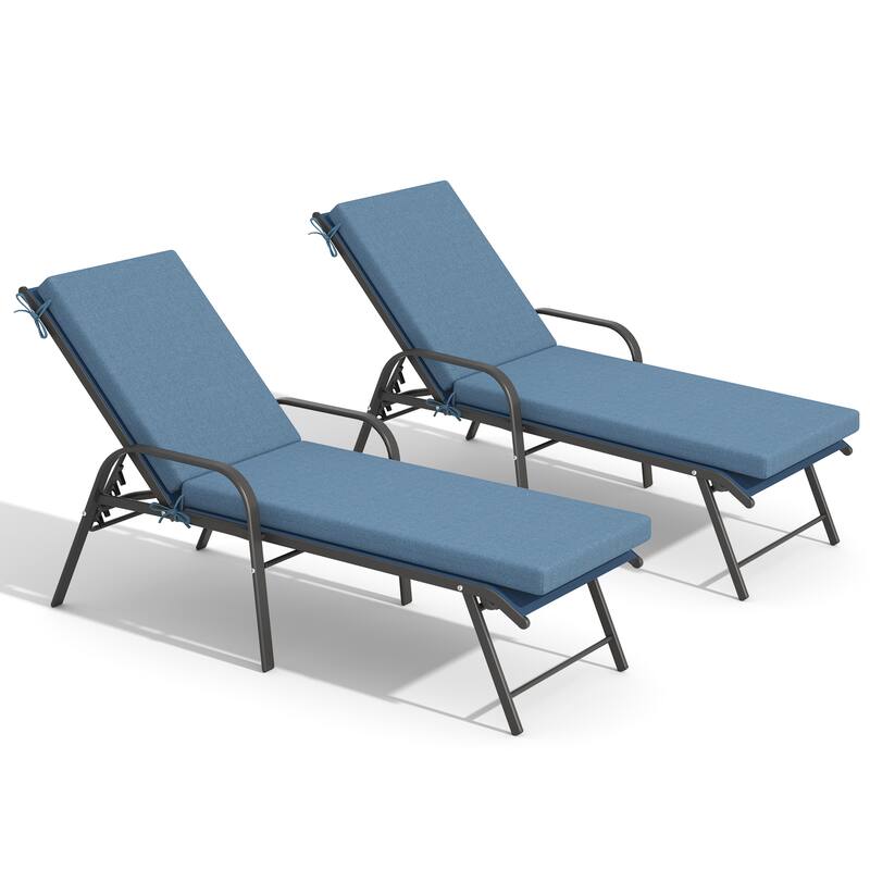 Outdoor Chaise Lounge Set Lounge Chairs with Adjustable Back and Sunbrella Fabric Cushions - Navy Blue Chair with Spectrum Denim Cushion