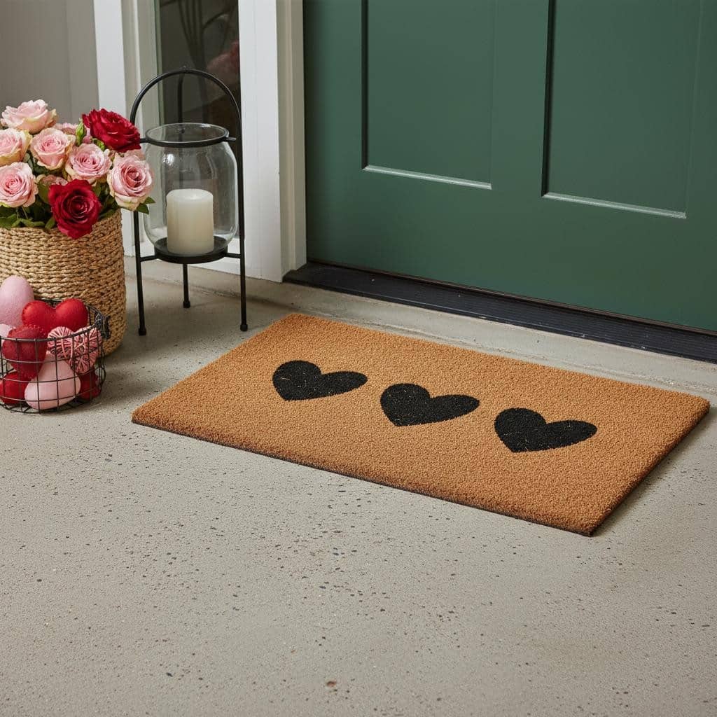 HomeRoots 12" X 24" Black And Brown Three Hearts Outdoor Coir Door Mat - 12.00' X '24.00