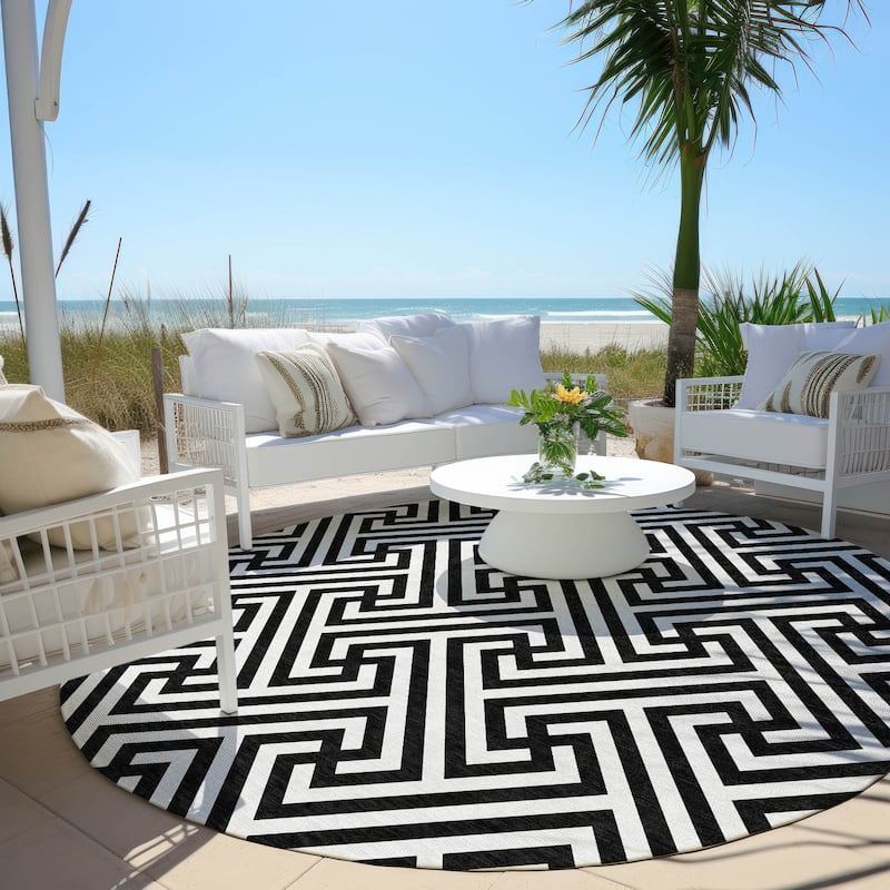 Machine Washable Indoor/ Outdoor Chantille Modern Geo Rug - Black - 8' x 8'